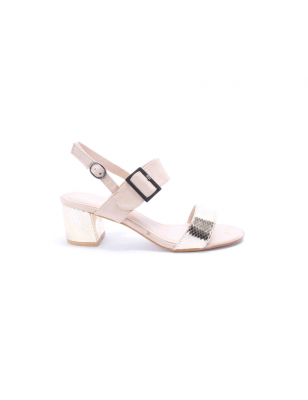 Sandalias De Tacao Medio Para Senhora Cor: Bege E Dourado Ref: 9538B